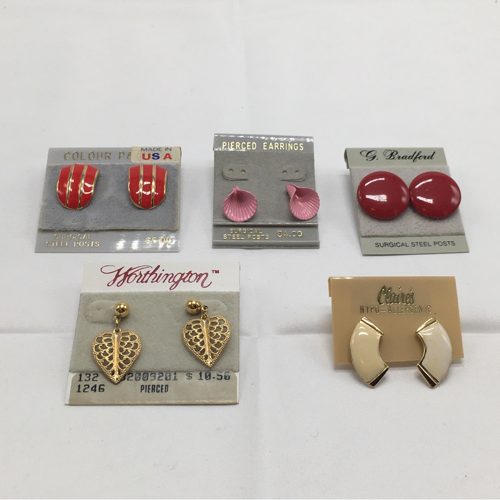 5 Pairs Vintage Earrings, Assorted Styles, Studs, New On Cards